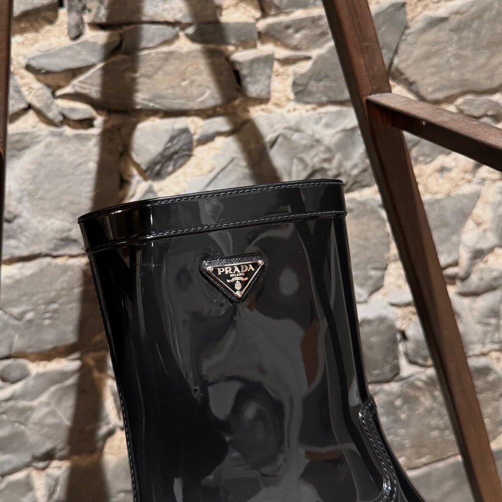 Prada Black Enamel Triangle Mid-Calf Rain Boots - Picture 14 of 14